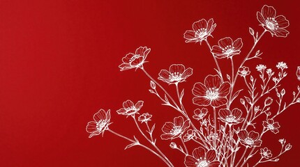 Fototapeta premium Red background with white hand drawn flower pattern. Minimalist floral illustration features delicate line art of blooming wild blossoms. Elegant botanical design for wedding invites, greeting cards,