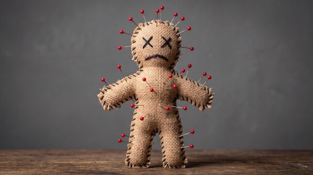 Sad Voodoo Doll with Pins and Needles Stuck in its Body.