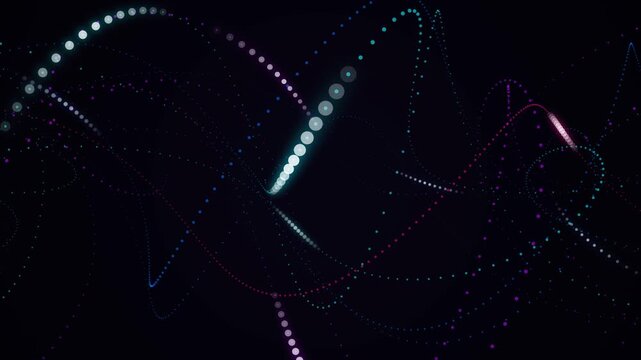 High quality 4K seamless looping abstract background animation. Features twisting quantum fiber optic strings and glowing digital DNA data streams flowing in 3D space. Perfect for high-tech, telecommu