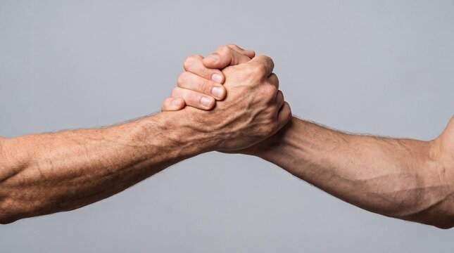 Two elderly men clasping hands in a sign of friendship and connection.