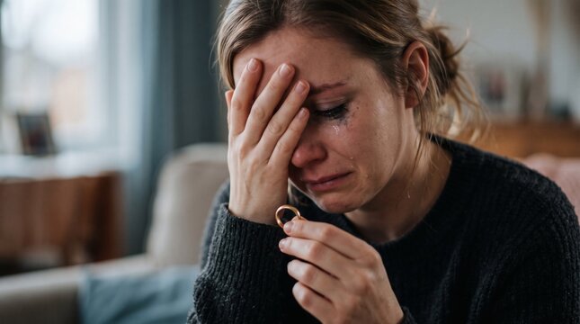 Woman Crying Holding Wedding Ring Sadness Divorce Relationship Breakdown.