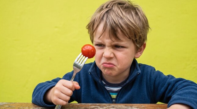 Young Boy Makes Disgusted Face at Tomato on Fork.