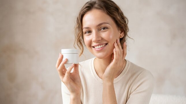 Young Woman Applying Moisturizer Cream to Her Face for Skincare Routine.