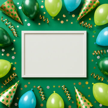 Green birthday celebration frame mockup, festive party background with balloons and confetti, empty white picture frame for greeting card