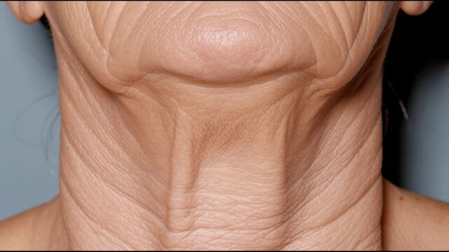 Mature woman's aging neck with deep wrinkles and sagging skin representing dermatological issues, collagen loss, skin tightening procedures, and esthetic medicine concepts