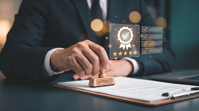 Professional quality assurance certification, businessman stamping approved document, corporate compliance and standard control process