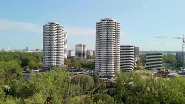 Modernist residential high-rise buildings in Katowice, Silesia, Poland, filmed from an elevated perspective. Unofficially, the towers built in 1988 - 2000 are known as the corn buildings
