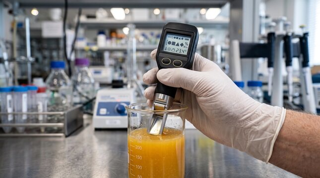 laboratory professional measuring fruit juice with digital handheld brix meter, extreme close-up of gloved hand in modern research laboratory