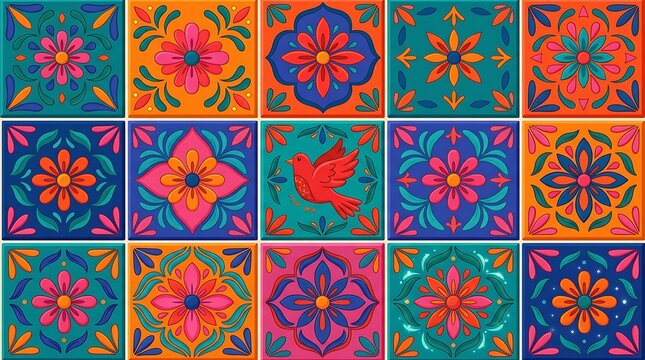 Vibrant Mexican Talavera Style Ceramic Tiles Pattern with Colorful Floral Ornaments and Red Bird