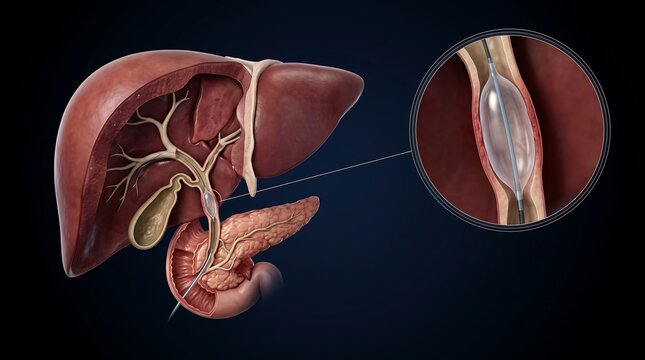 Medical illustration of liver, gallbladder, pancreas, and bile ducts with balloon catheter dilation procedure.