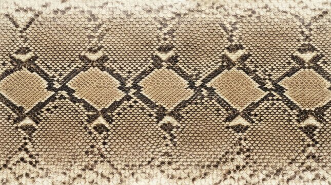 A close-up image showcases a detailed pattern of snake skin. The pattern is predominantly beige and brown, with darker brown scales forming a distinct, repeating diamond-shaped motif.