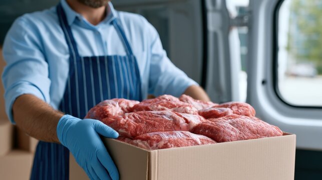 Refrigerated van interior with male worker in blue shirt and apron carrying a box of fresh meat, showcasing storage and delivery of perishable goods