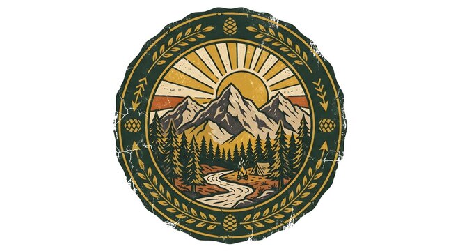 Rustic wilderness exploration patch graphic isolated on white background.