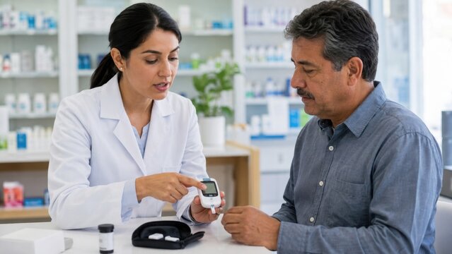 Female pharmacist in white coat explaining blood glucose monitor usage to male customer at pharmacy counter with medication shelves in the background