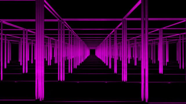 Gliding Through a Neon Magenta Hallway of Vertical Light Beams