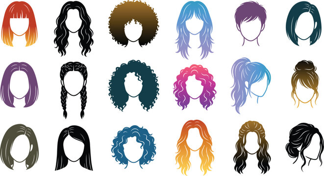 Collection of diverse women hairstyles and haircuts in various colors isolated on a white background