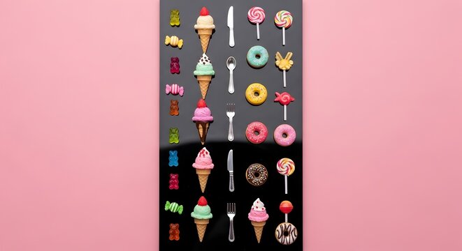 A collection of colorful ice cream cones and sweet donuts arranged in a fun halloween theme display