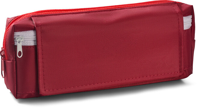 red fabric pencil case isolated white background, zippered pouch for stationery and school supplies, blank mock-up template in side view