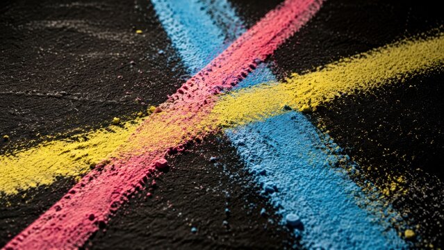 Colorful chalk drawing on a black surface featuring intersecting lines in pink, blue, and yellow, creating a vibrant abstract pattern suitable for artistic projects