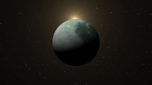Cinematic 3D animation of the Moon rotating in deep space with realistic craters, maria, and orbital phases against a dark cosmic background and glowing star light