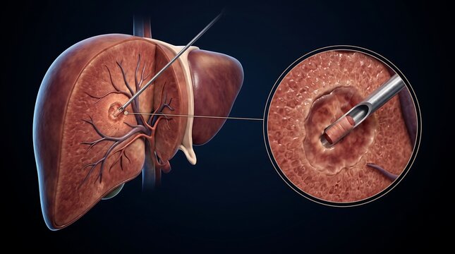 Medical illustration of a liver biopsy procedure showing a needle extracting tissue for diagnosis and pathological examination.