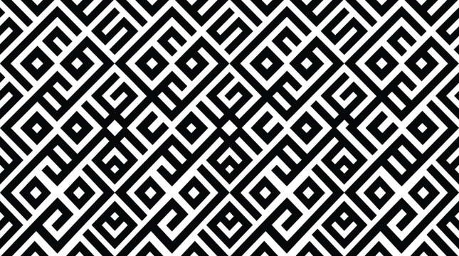 Geometric monochrome pattern with interlocking black and white maze like lines and angular shapes