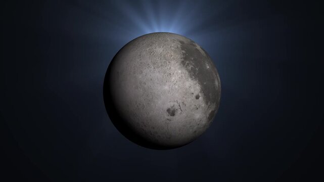 Realistic 3D digital animation of the Moon rotating in dark space, displaying detailed craters, lunar maria, and orbital phases with subtle blue backlighting