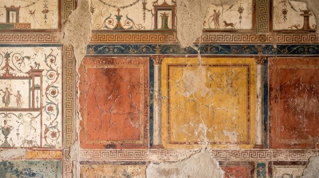 A partially preserved Roman wall painting depicts a richly decorated room with multiple panels showcasing intricate frescoes.