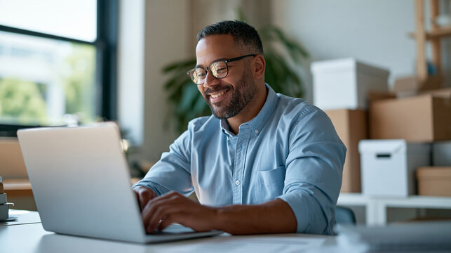 Young businessman in a light blue shirt reviewing ecommerce sales on a laptop at a white desk in a minimalist loft office, white and kraft shipping boxes stacked tidily beside him,