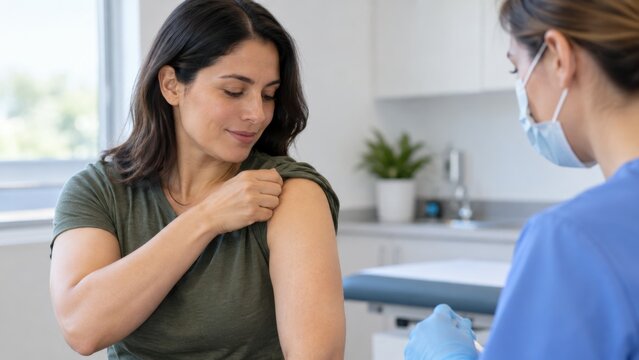 Woman preparing upper arm for vaccination while healthcare worker in mask and gloves administers injection in bright modern medical clinic interior