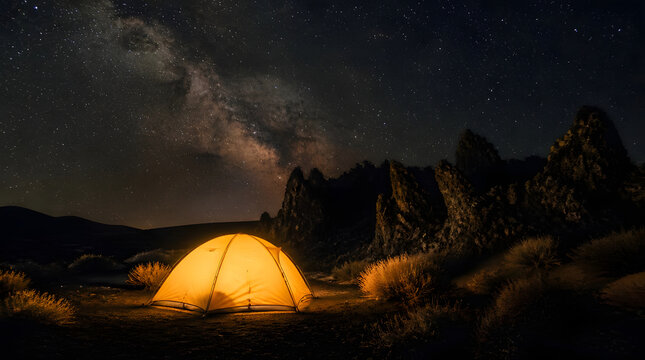 Glowing tent under starry sky glowing warmly desert rugged mountains night scene realistic wide shot natural landscape