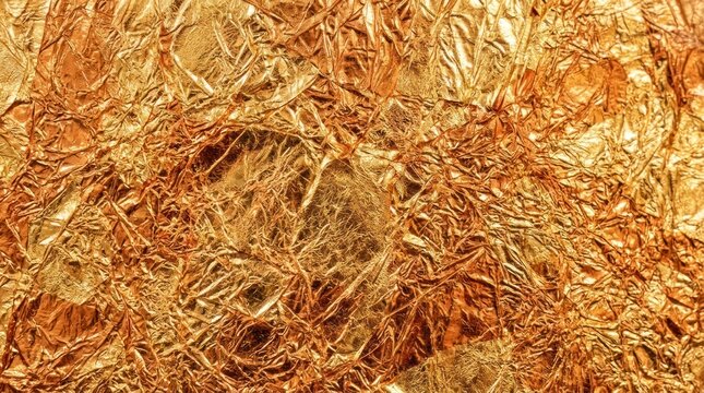 A close-up image showcases a dense, textured surface covered in crumpled gold foil. The foil creates a chaotic yet visually striking pattern of overlapping and interweaving pieces.