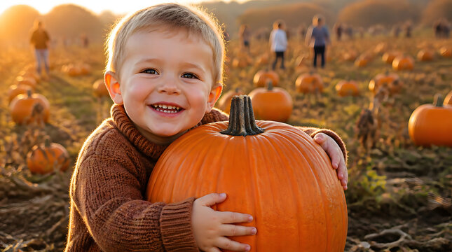 Cheerful toddler hugging orange pumpkin at dusk pumpkins people walking outdoor lifestyle fall autumn