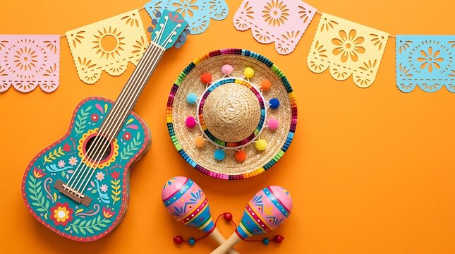 Mexican Fiesta Celebration Concept with Traditional Sombrero, Guitar, Maracas and Papel Picado Banner
