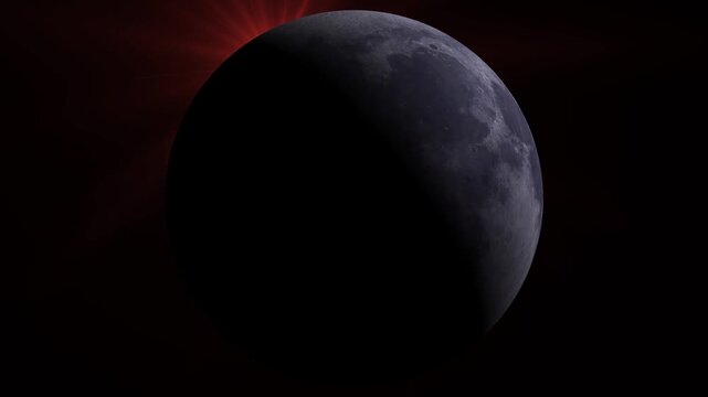 Cinematic 3D animation of the Moon rotating in deep space with realistic craters, lunar maria, and orbital phases against a dark cosmic background and glowing red star light
