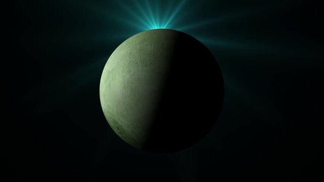 Detailed 3D animation of the Moon rotating in deep space with realistic craters and lunar maria against a dark cosmic background and glowing blue star light