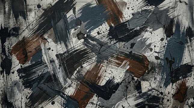 A textured abstract painting dominates the image. Bold, gestural brushstrokes in shades of gray, brown, black, and white create a chaotic yet dynamic composition.