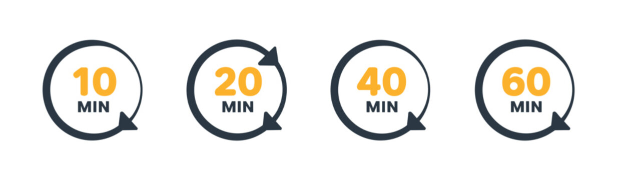 Timer Icons: A set of four circular icons displaying time intervals in minutes - 10, 20, 40, and 60 - each with a circular arrow indicating a process or duration.