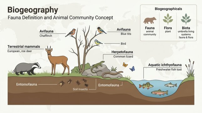 Biogeography Fauna Definition Animal Community Ecosystem Illustration.