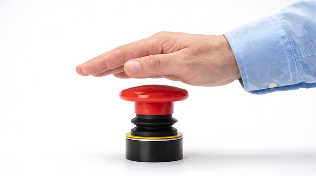 A close-up of a hand pressing a red emergency button on a white background, representing control and decision making.
