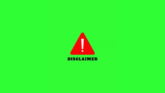 Animated flashing DISCLAIMER text with a red warning triangle and exclamation mark on a bright green background, created as a chroma key visual for legal notices, content warnings, caution messages