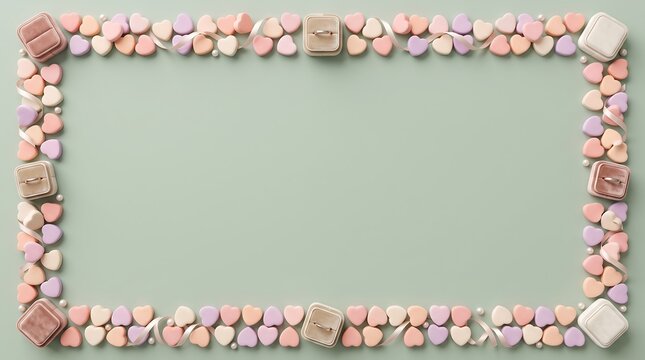 Pastel heart candy frame on a sage green background with copy space