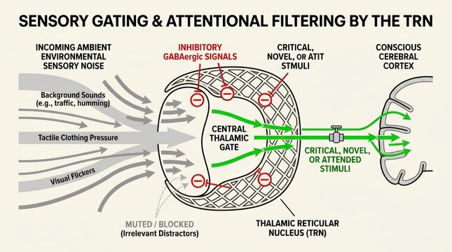 Neural Attention Processing and Sensory Gating Diagram.