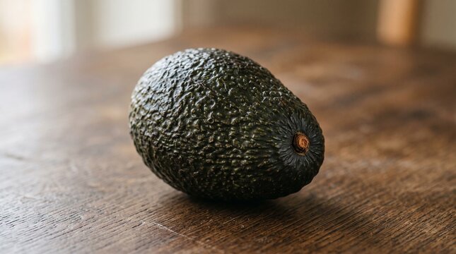 Single Ripe Hass Avocado with Textured Dark Green Skin Resting on a Rustic Wooden Surface