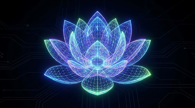 Glowing digital lotus flower made of wireframe mesh on dark circuit board background