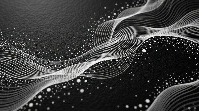 A dynamic, abstract image features a flowing, white wave pattern superimposed on a dark, textured surface. Small, white dots are scattered across the wave, creating a sense of movement and energy.