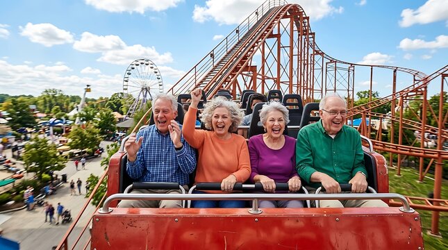 Family enjoying vintage car ride at amusement park.