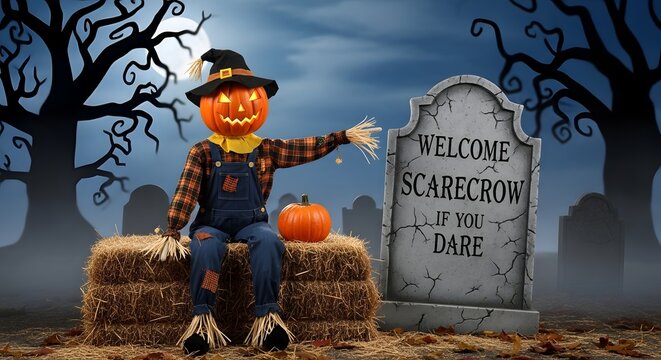 A spooky pumpkin headed scarecrow sitting on hay bales in a graveyard for a festive halloween theme