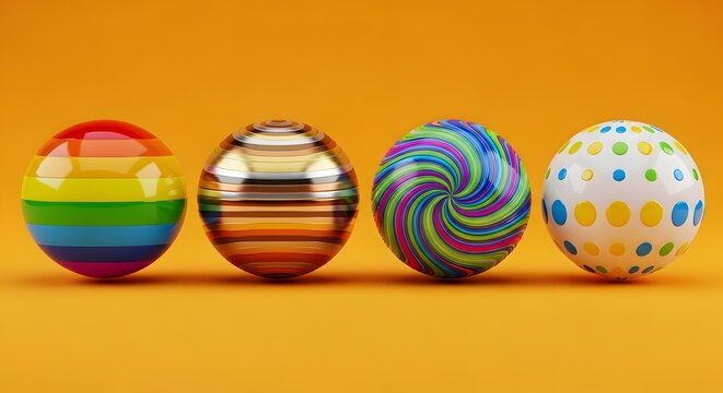 Four decorative spheres with different patterns arranged in a row against a vibrant orange halloween theme background