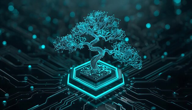 Digital bonsai tree glowing on a futuristic circuit board background